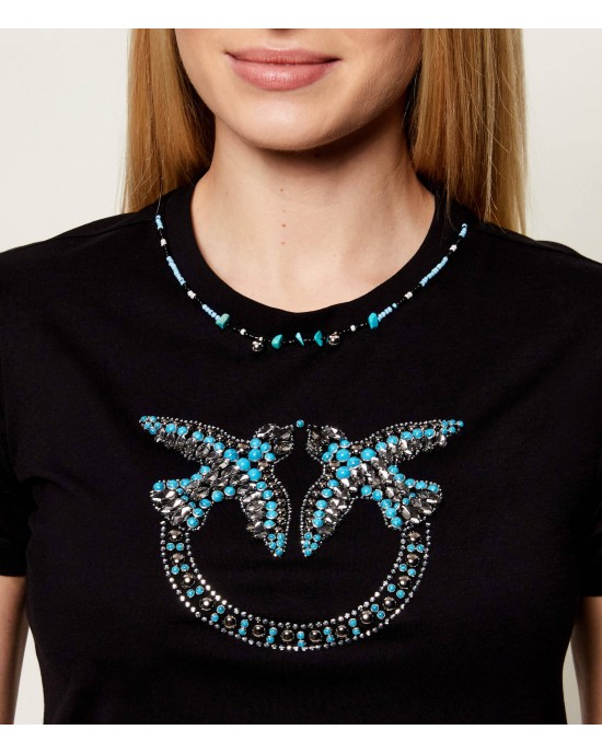 Pinko Fidenza T-shirt Love Birds Jewel Maxi Embroidery Black Μπλούζα
