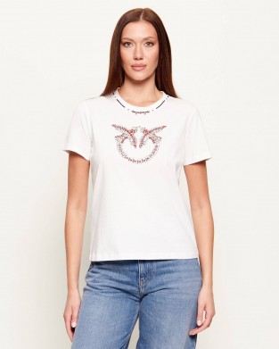 Pinko Fidenza T-shirt Love Birds Jewel Maxi Embroidery White Μπλούζα