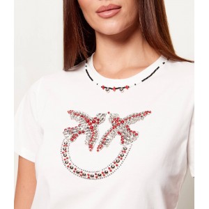 Pinko Fidenza T-shirt Love Birds Jewel Maxi Embroidery White Μπλούζα