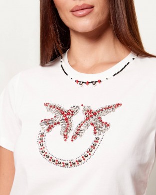 Pinko Fidenza T-shirt Love Birds Jewel Maxi Embroidery White Μπλούζα