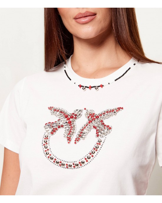 Pinko Fidenza T-shirt Love Birds Jewel Maxi Embroidery White Μπλούζα