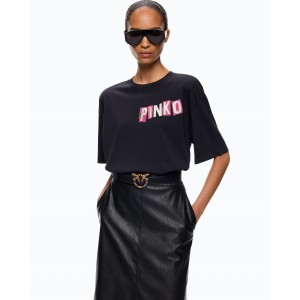 Pinko Ventina T-shirt Quiet Is The New Punk Swan-Print Black Μπλούζα