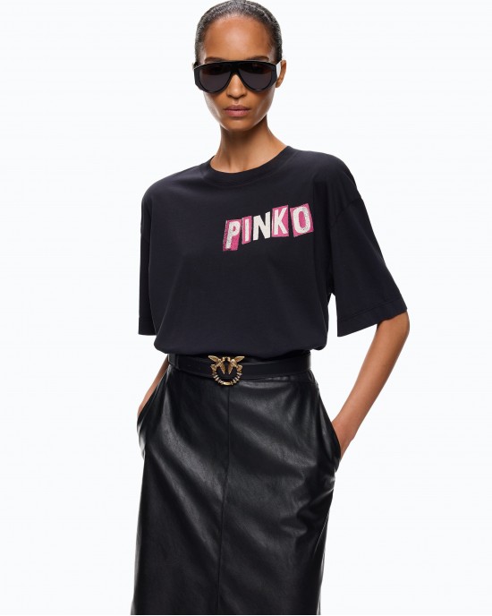 Pinko Ventina T-shirt Quiet Is The New Punk Swan-Print Black Μπλούζα