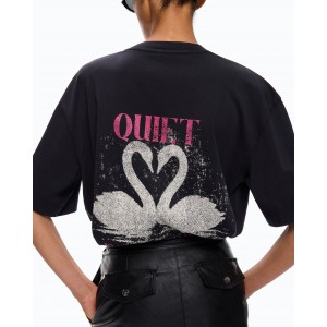 Pinko Ventina T-shirt Quiet Is The New Punk Swan-Print Black Μπλούζα