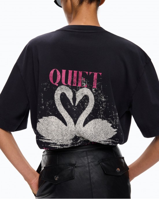 Pinko Ventina T-shirt Quiet Is The New Punk Swan-Print Black Μπλούζα