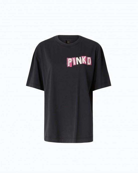 Pinko Ventina T-shirt Quiet Is The New Punk Swan-Print Black Μπλούζα