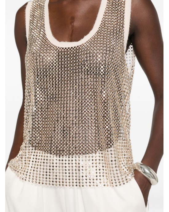 Pinko Dyane Mesh-effect Vest With Rhinestones Gold Μπλούζα