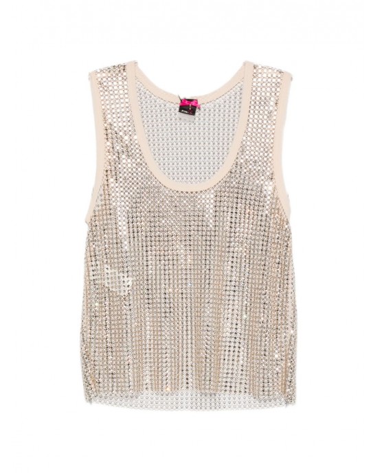Pinko Dyane Mesh-effect Vest With Rhinestones Gold Μπλούζα