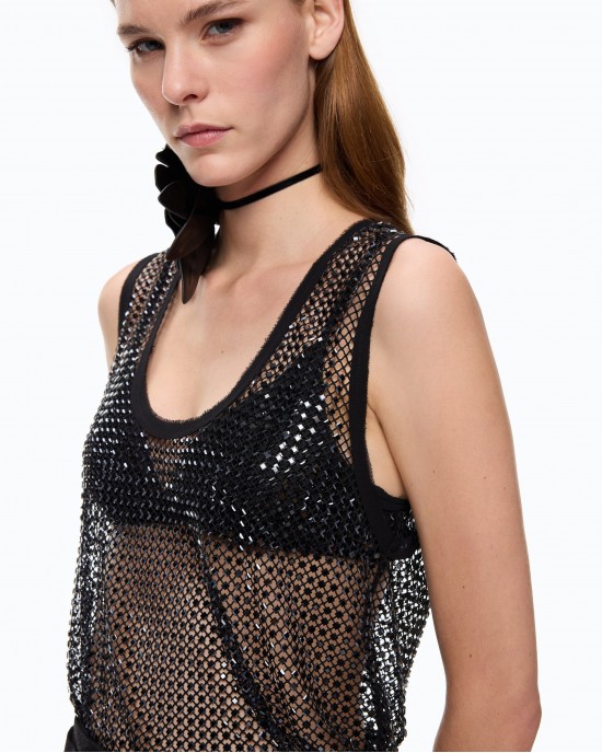 Pinko Dyane Mesh-effect Vest With Rhinestones Gold Μπλούζα