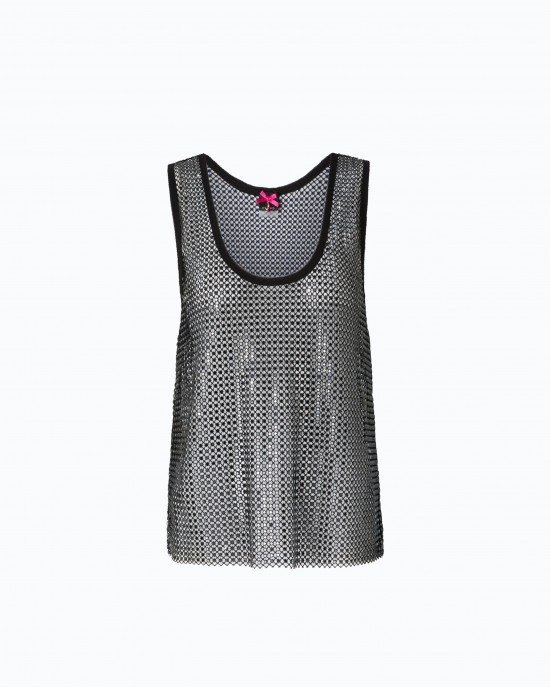 Pinko Dyane Mesh-effect Vest With Rhinestones Gold Μπλούζα