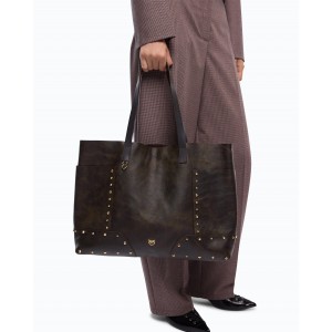 Pinko Tote Studs Cloud Leather Dark Brown Τσάντα Χειρός
