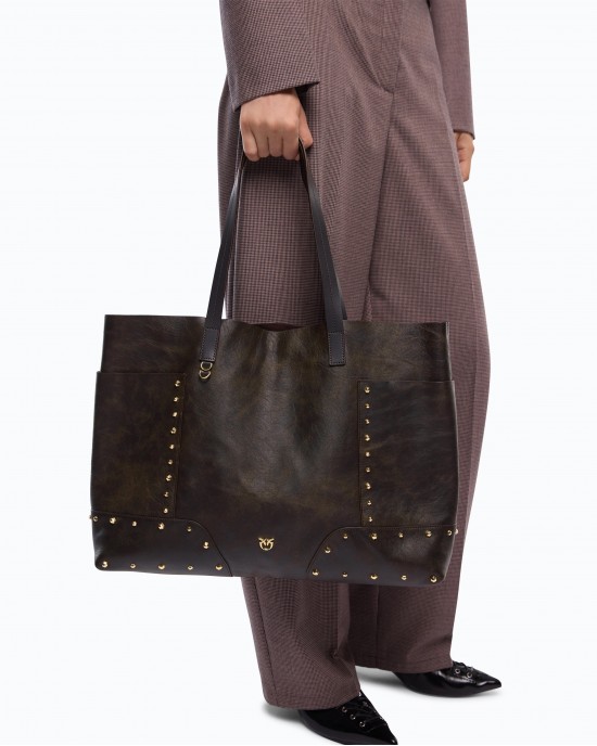 Pinko Tote Studs Cloud Leather Dark Brown Τσάντα Χειρός