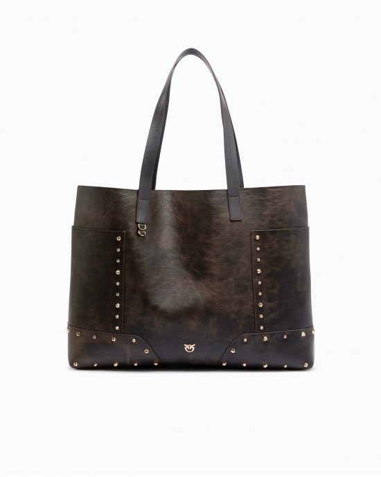 Pinko Tote Studs Cloud Leather Dark Brown Τσάντα Χειρός