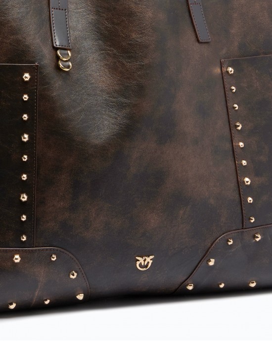 Pinko Tote Studs Cloud Leather Dark Brown Τσάντα Χειρός
