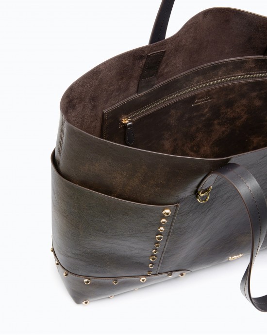 Pinko Tote Studs Cloud Leather Dark Brown Τσάντα Χειρός