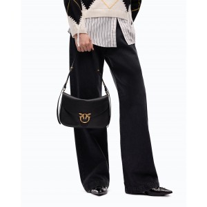 Pinko Satchell Classic Medium Leather With Love Birds Diamond Cut Buckle Black Τσάντα Ώμου