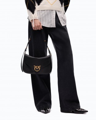 Pinko Satchell Classic Medium Leather With Love Birds Diamond Cut Buckle Black Τσάντα Ώμου