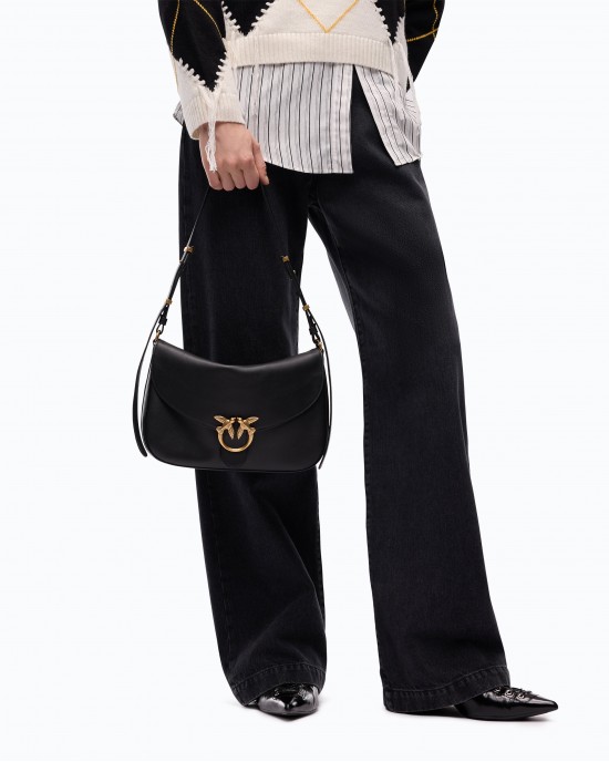 Pinko Satchell Classic Medium Leather With Love Birds Diamond Cut Buckle Black Τσάντα Ώμου