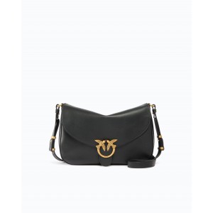 Pinko Satchell Classic Medium Leather With Love Birds Diamond Cut Buckle Black Τσάντα Ώμου