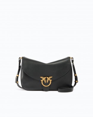 Pinko Satchell Classic Medium Leather With Love Birds Diamond Cut Buckle Black Τσάντα Ώμου