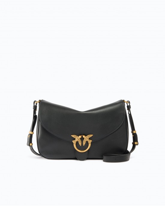 Pinko Satchell Classic Medium Leather With Love Birds Diamond Cut Buckle Black Τσάντα Ώμου