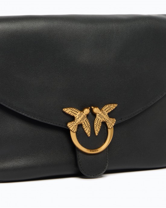 Pinko Satchell Classic Medium Leather With Love Birds Diamond Cut Buckle Black Τσάντα Ώμου