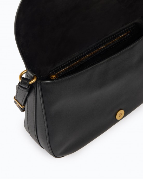 Pinko Satchell Classic Medium Leather With Love Birds Diamond Cut Buckle Black Τσάντα Ώμου