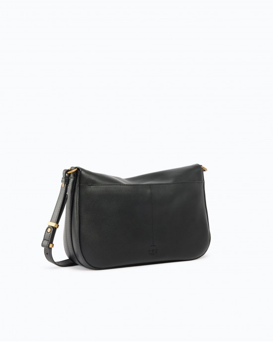 Pinko Satchell Classic Medium Leather With Love Birds Diamond Cut Buckle Black Τσάντα Ώμου