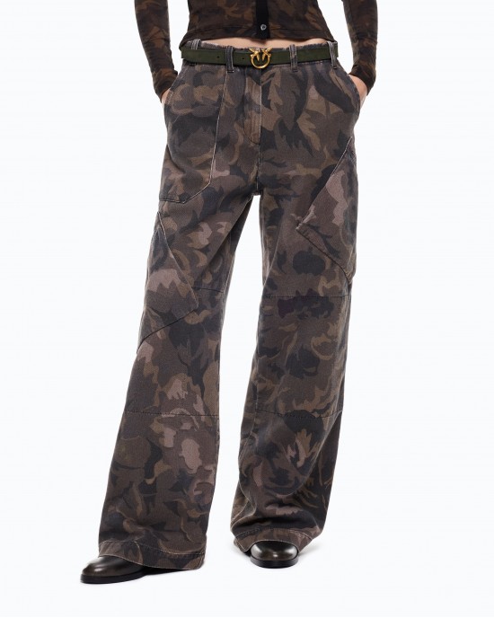Pinko Haiku Cotton With Floral Camouflage Motif Multicolor Green-Black Παντελόνι