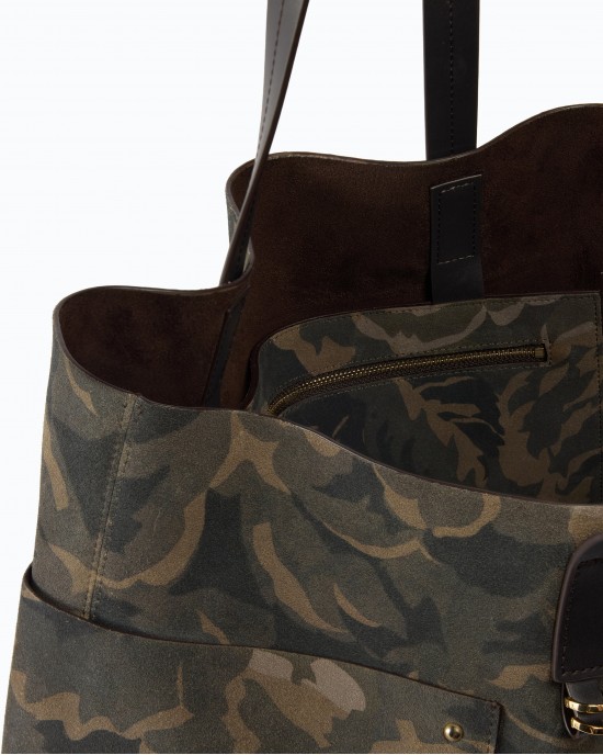 Pinko Tote Suede Camouflage Print Military Green Τσάντα Ώμου