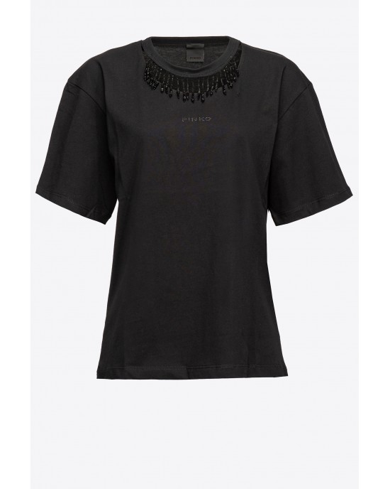 Pinko Tiphanie T-shirt With Beads On The Neck Μαύρο