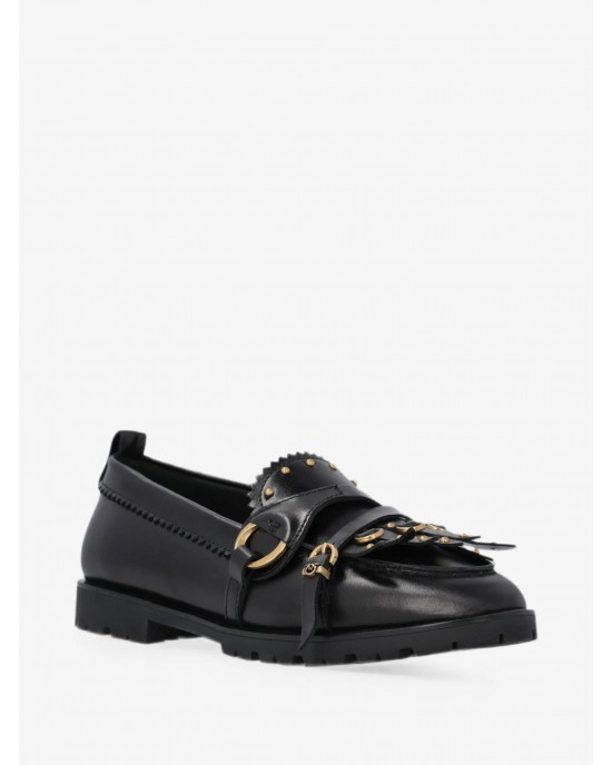 Pinko Nora Studded Fringed Loafers Black Μοκασίνια