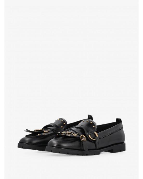 Pinko Nora Studded Fringed Loafers Black Μοκασίνια