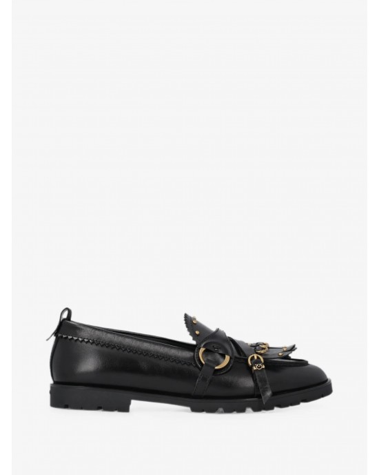 Pinko Nora Studded Fringed Loafers Black Μοκασίνια