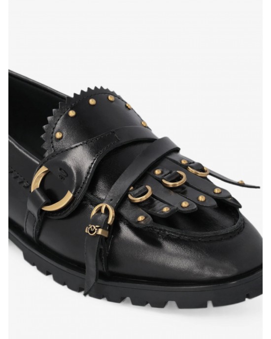 Pinko Nora Studded Fringed Loafers Black Μοκασίνια