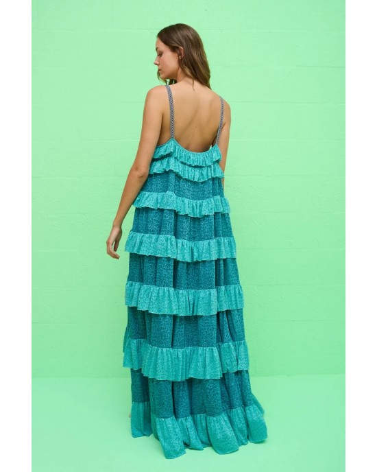 Pitusa Colorblock Tiered Ruffle Teal Φόρεμα