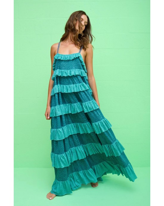 Pitusa Colorblock Tiered Ruffle Teal Φόρεμα