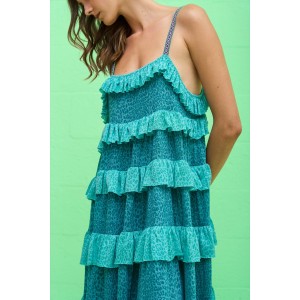 Pitusa Colorblock Tiered Ruffle Teal Φόρεμα