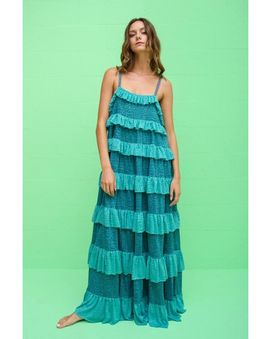 Pitusa Colorblock Tiered Ruffle Teal Φόρεμα