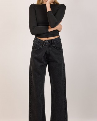 Salt & Pepper Luna Vintage Black Wide Leg Denim Παντελόνι
