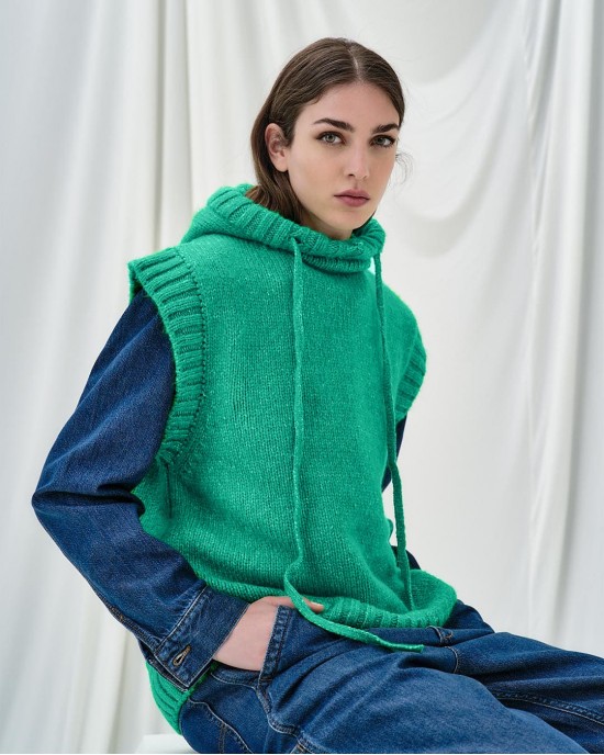 Tailor Made Sleeveless Knit Green Φούτερ Με Κουκούλα