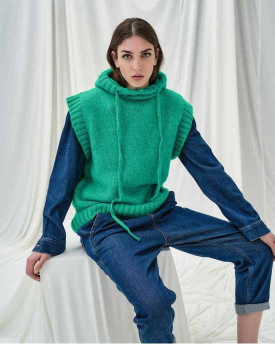 Tailor Made Sleeveless Knit Green Φούτερ Με Κουκούλα