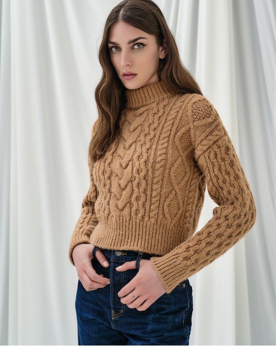 Tailor Made Knitted With Braids Camel Πουλόβερ