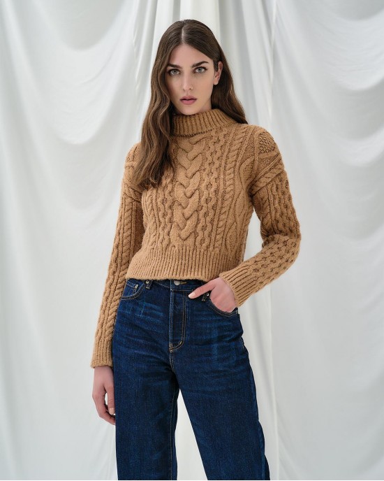 Tailor Made Knitted With Braids Camel Πουλόβερ