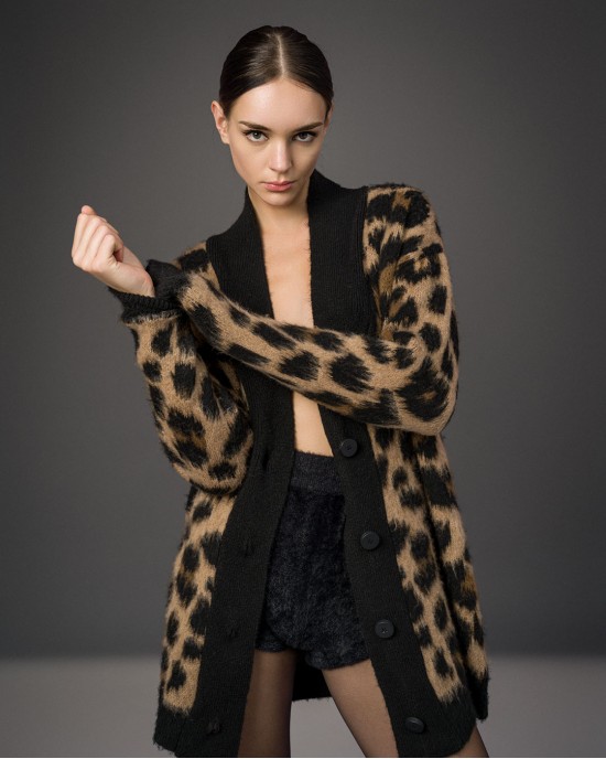 Tailor Made Fluffy Leopard Print Camel Ζακέτα