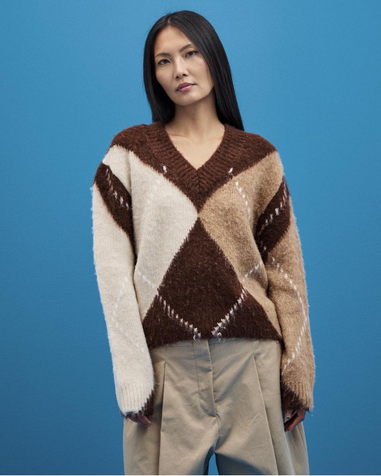 Tailor Made Fluffy Knit Rhombus V Πουλόβερ Brown