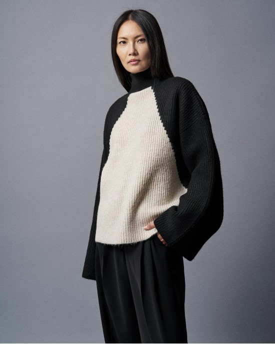 Tailor Made Oversized Intarsia 2colours Knit Black/Ecru Πουλόβερ