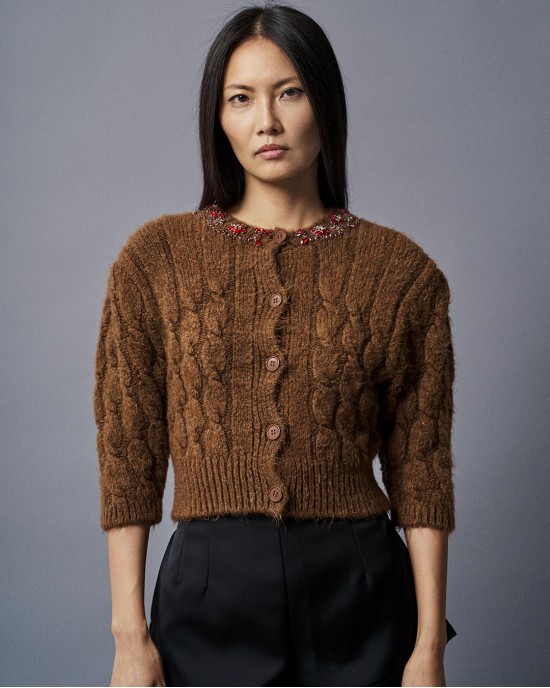 Tailor Made Knit Cropped With Stones Embroidered On Collar Coffee Ζακέτα