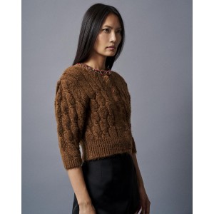 Tailor Made Knit Cropped With Stones Embroidered On Collar Coffee Ζακέτα