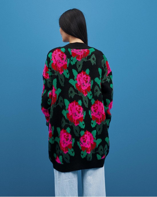 Tailor Made Oversized Flowers Knit Black Ζακέτα